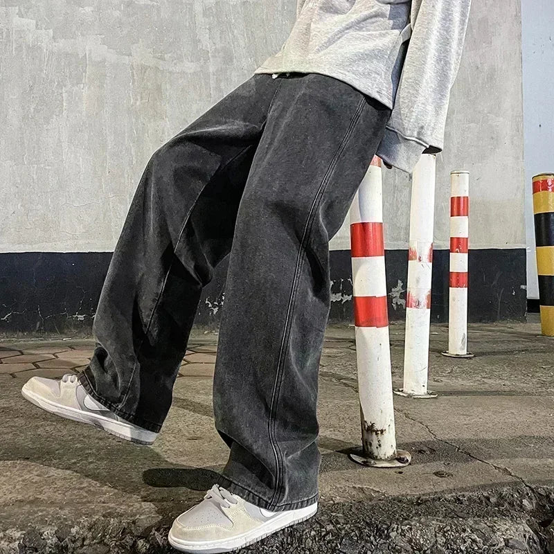 2025 neue Streetwear Lose Jeans Männer Koreanischen Stil, Mode, Lose Gerade Breite Bein Hosen Männer der Marke Kleidung Schwarz Licht blau