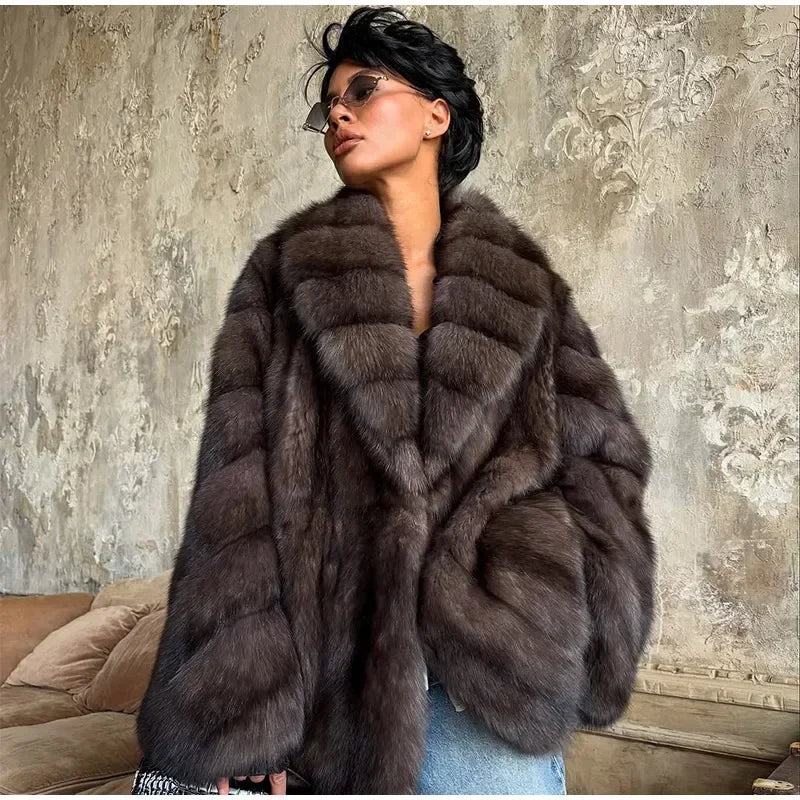 Brauner mittellanger Pelzmantel für Damen, Revers, versteckter Knopf, lockere, elegante Oberbekleidung, 2025, modischer Bürodame, Pendelmantel, Neu