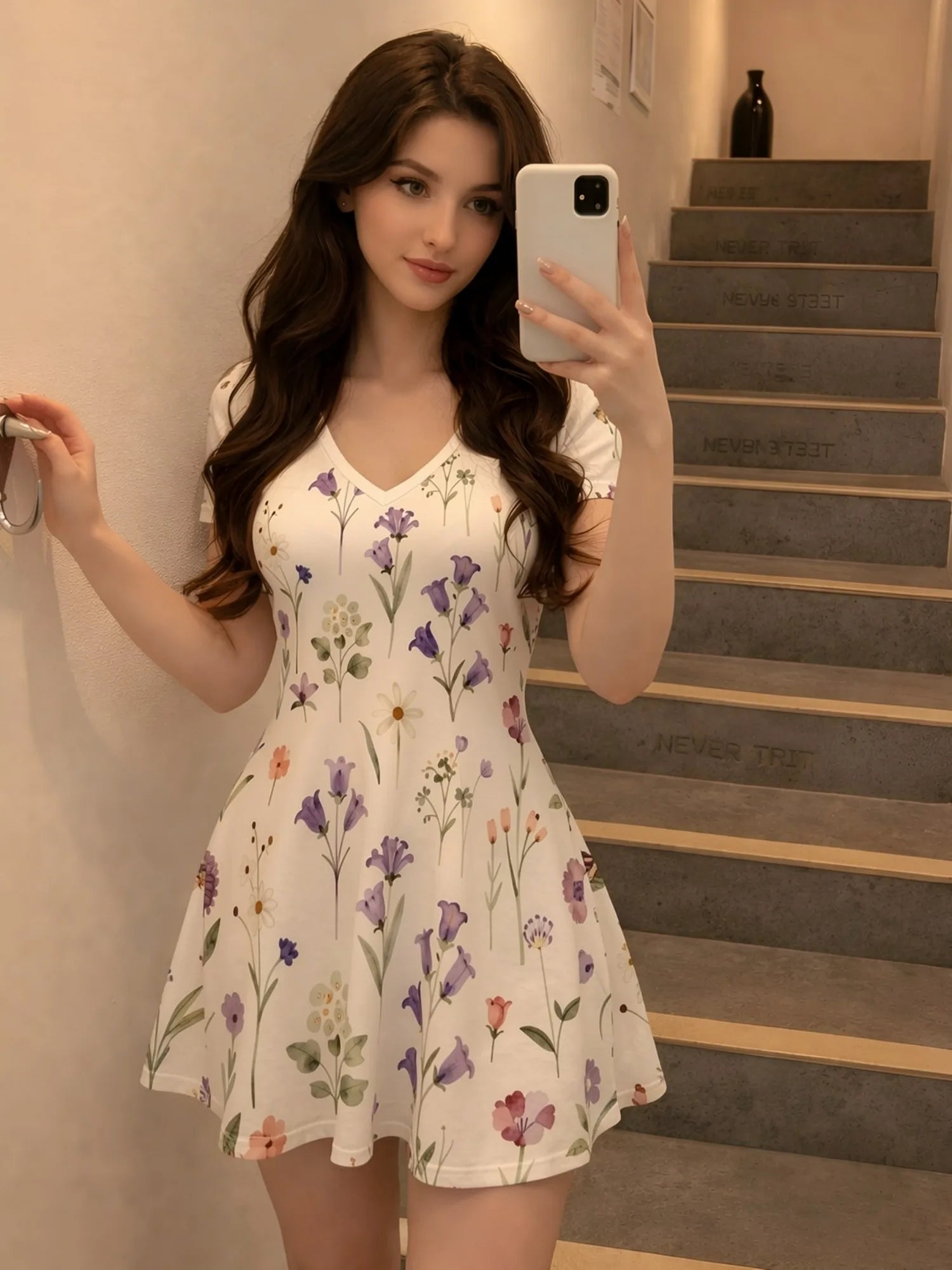 Damen-Minikleid mit V-Ausschnitt und Blumendruck, kurzärmelig, lässig, für den Alltag, Urlaub, Sommerkleid, Outfit, Garderobe, elegant, luftig, weich, bequem, schick