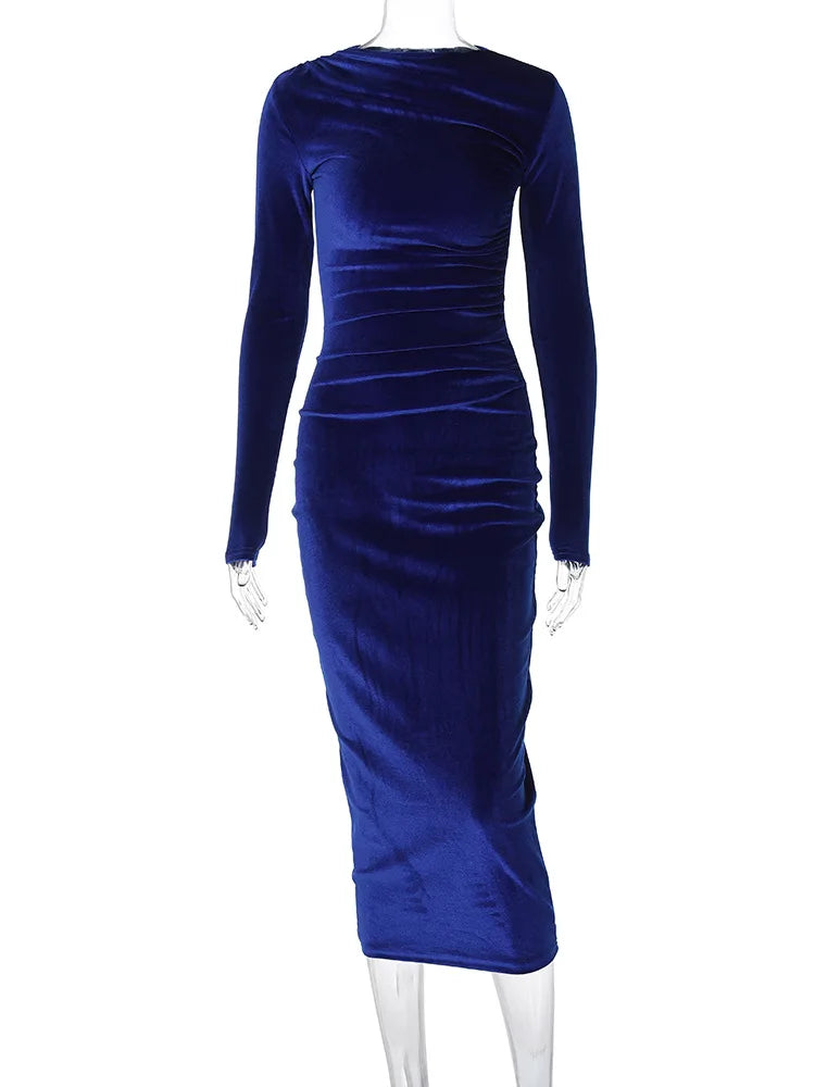 Dulzura 2024 Frühling Sommer Samt Langarm Midi Kleid Für Frauen Geraffte Lange Kleid Elegante Party Kleidung Abend Grün Outfits
