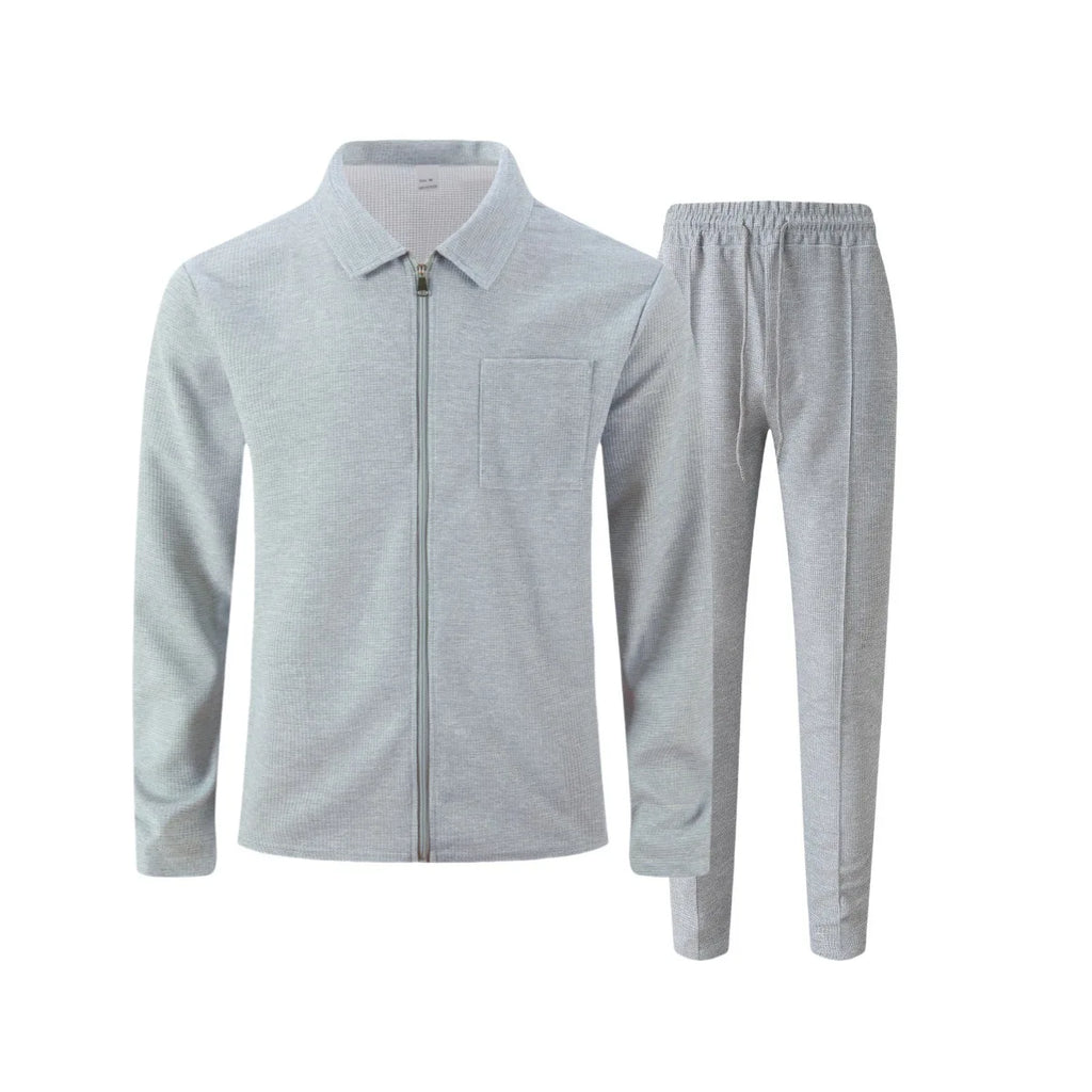 2026 Neue Herren Frühling-Herbst Karierte Strickjacke mit Reißverschlusskragen und Hosen-Set (mit Taschen)