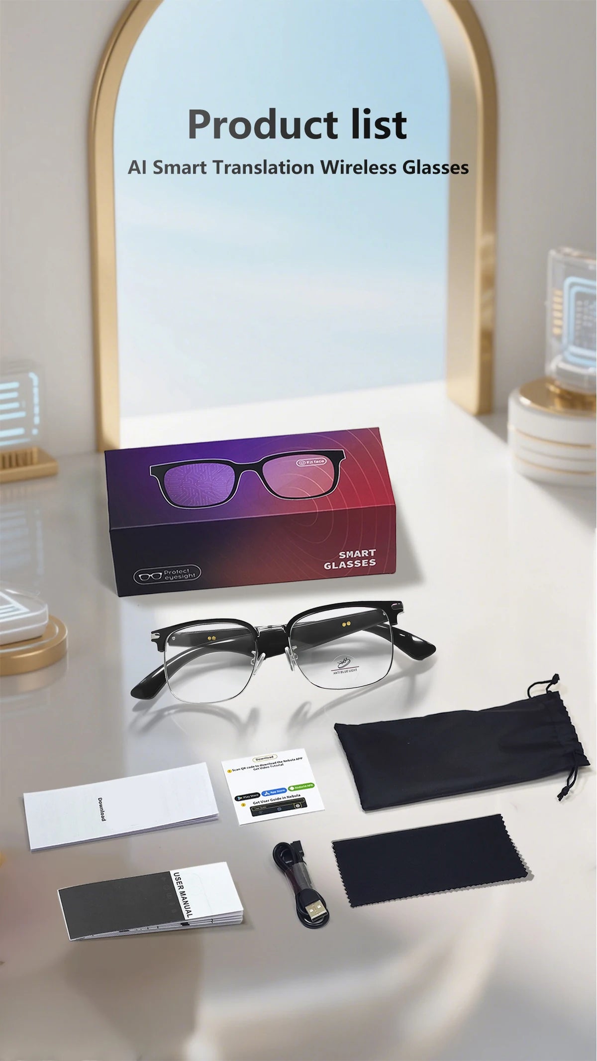 AI Simultaneous Translation Smart Wireless Bluetooth Glasses Anti-Blue Light Glasses Music Play Phone Answering Multi-functional