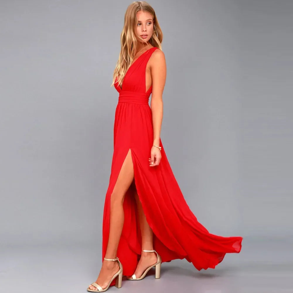 Sexy rückenfreies Maxi-Sommerkleid für Damen, Netzstoff, lang, figurbetont, rot, Weihnachts-Partykleid, Brautjungfern-Abendkleider