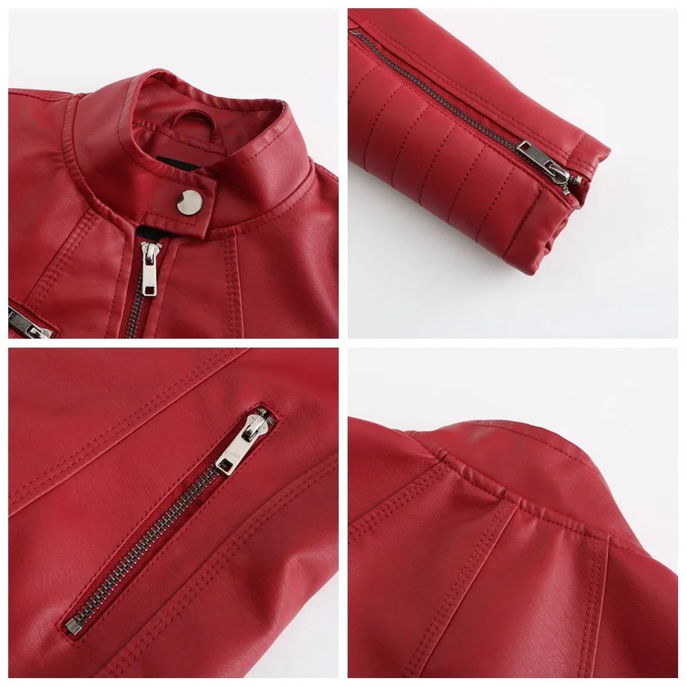 Neue 20-Damen-Lederjacke, dünn, Motorrad-Stil, kurze modische Damenjacke, Stehkragen, volle Ärmel, aus dem Festland China