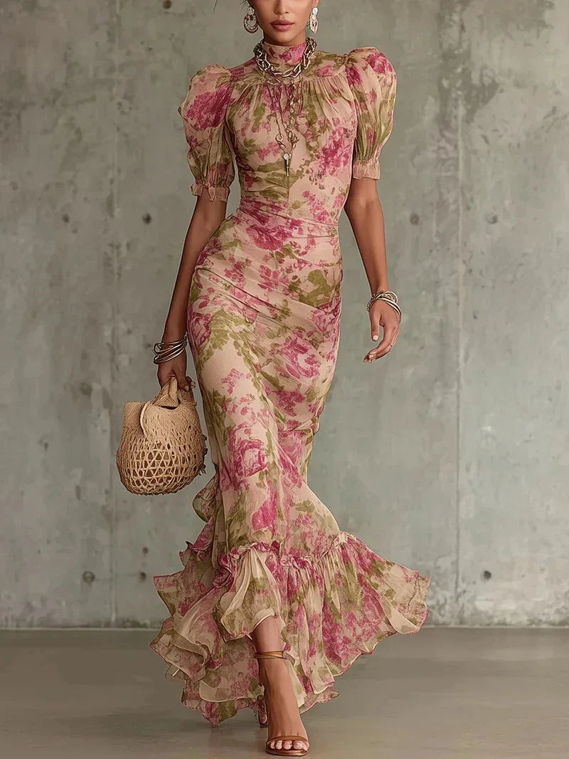 Blumendruck Mode Kurzarm Mesh Vielseitiges Elegantes Langes Kleid Damen Abendkleid Meerjungfrau Schlankes Sexy Spitzen-Splicing Abendkleid