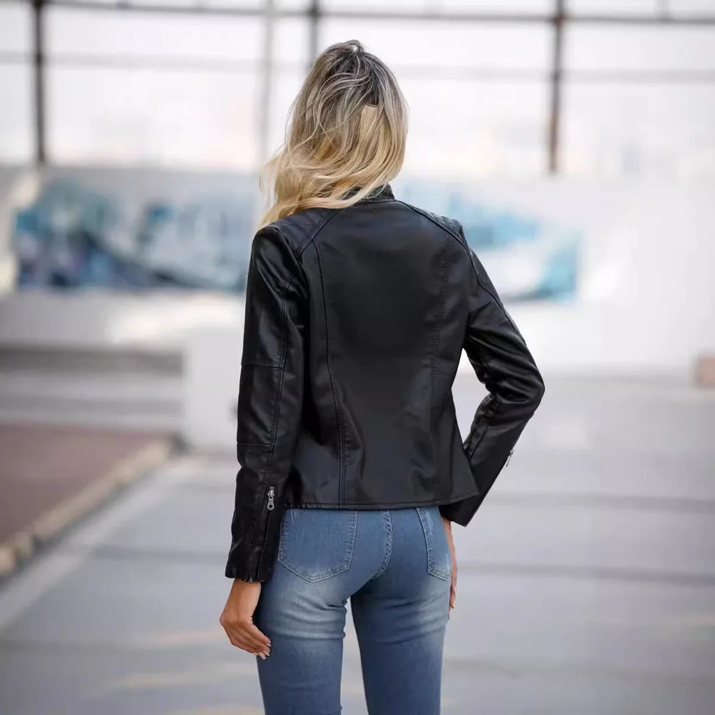 Slim Fit Biker Style Women's Leather Jacket Coat Thin Spring Autumn Stand Collar Long Sleeve Streetwear Trendy Fashion Outerwear