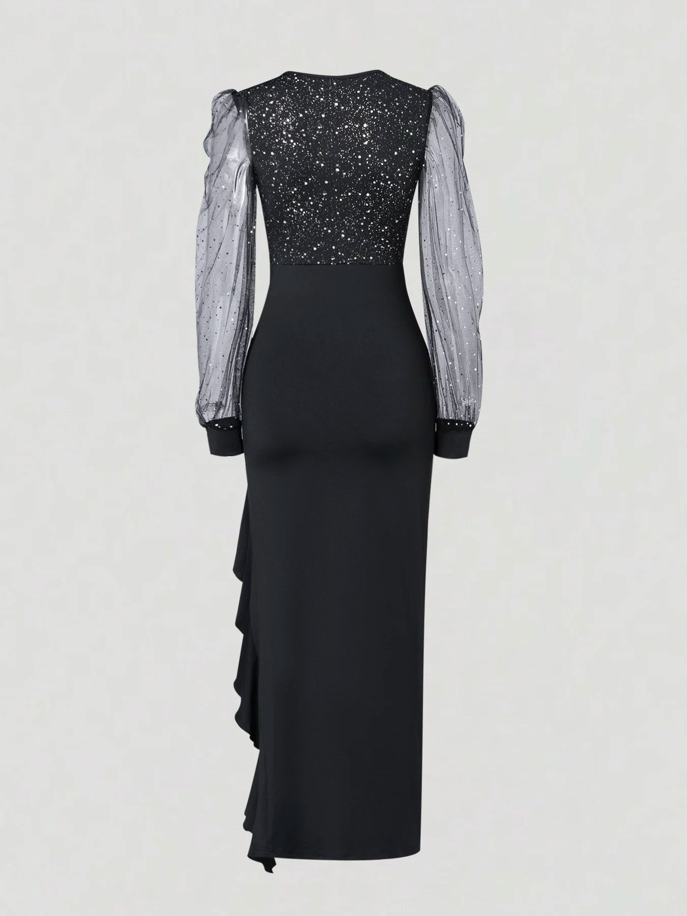 Damen Schwarzes Pailletten-Meerjungfrauenkleid V-Ausschnitt Transparentes Netzstoff Puffärmel Rüschen Schlitz Elegantes Sexy Frühling Sommer Party Maxikleid