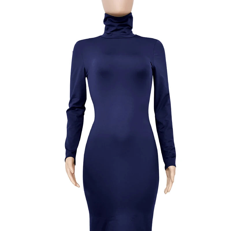 Winter Schwarz Rollkragen Sexy Frauen Kleid Herbst Langarm Dünne Midi Boydcon Casual Blau Plüsch Knie-Länge Party