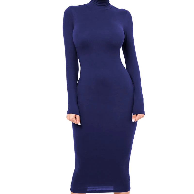 Winter Schwarz Rollkragen Sexy Frauen Kleid Herbst Langarm Dünne Midi Boydcon Casual Blau Plüsch Knie-Länge Party