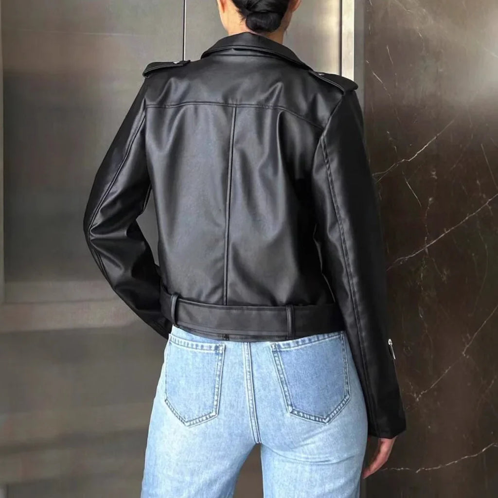 Black Short Motorcycle Jacket Women's Slim Fit PU Leather Coat Fake Leather Zipper Collar Full Sleeve Origin China Male Fashion