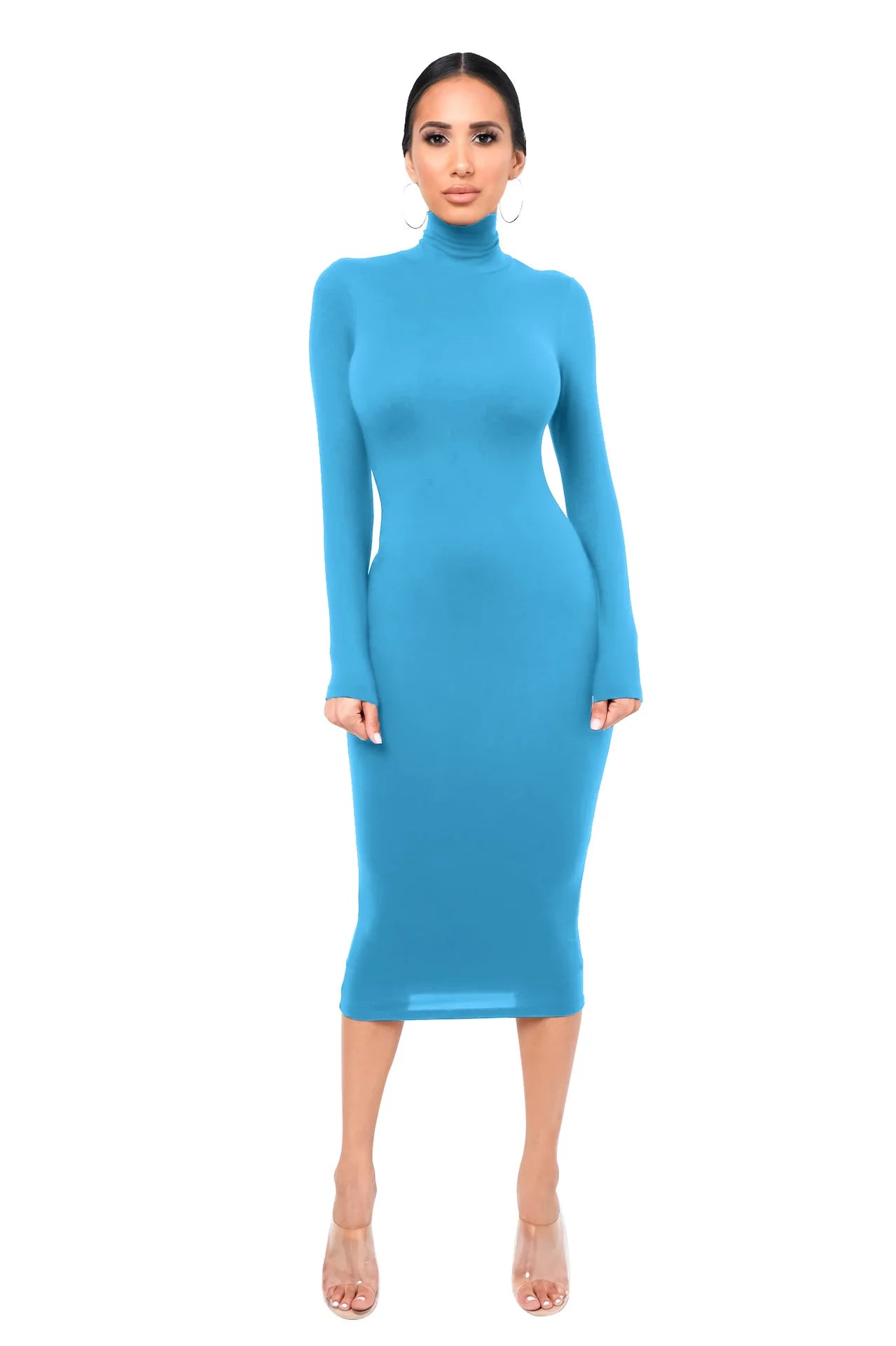 Winter Schwarz Rollkragen Sexy Frauen Kleid Herbst Langarm Dünne Midi Boydcon Casual Blau Plüsch Knie-Länge Party