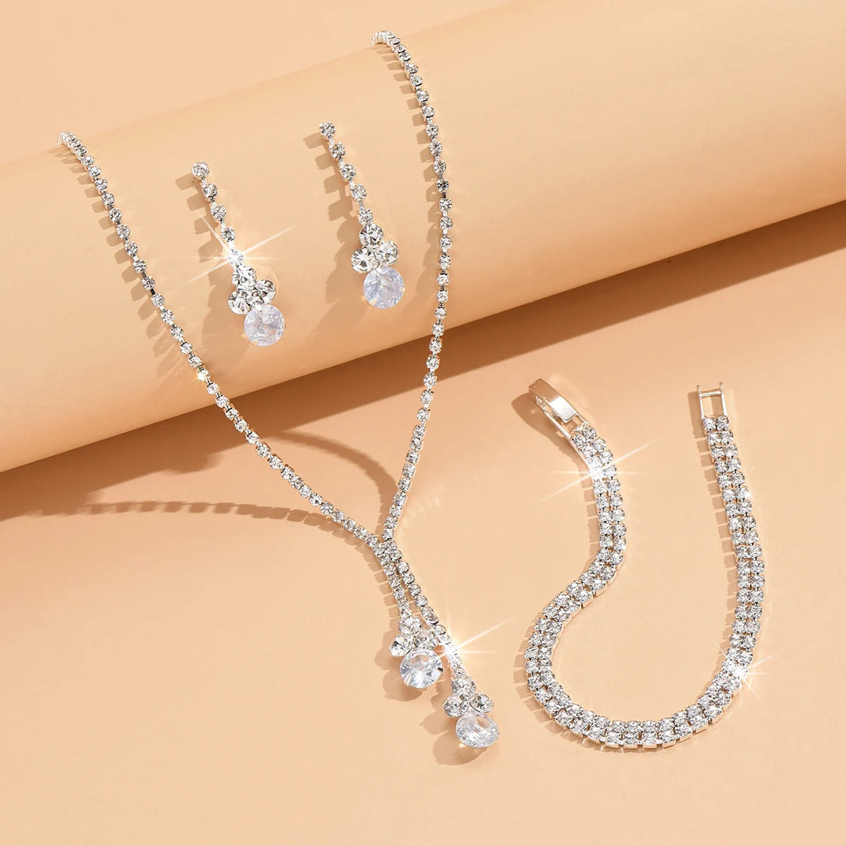 4PC Fashion Simple Copper Inlaid Rhinestone Claw Chain Necklace Earrings Bracelet Jewelry Set Women's Wedding Decoration-5273