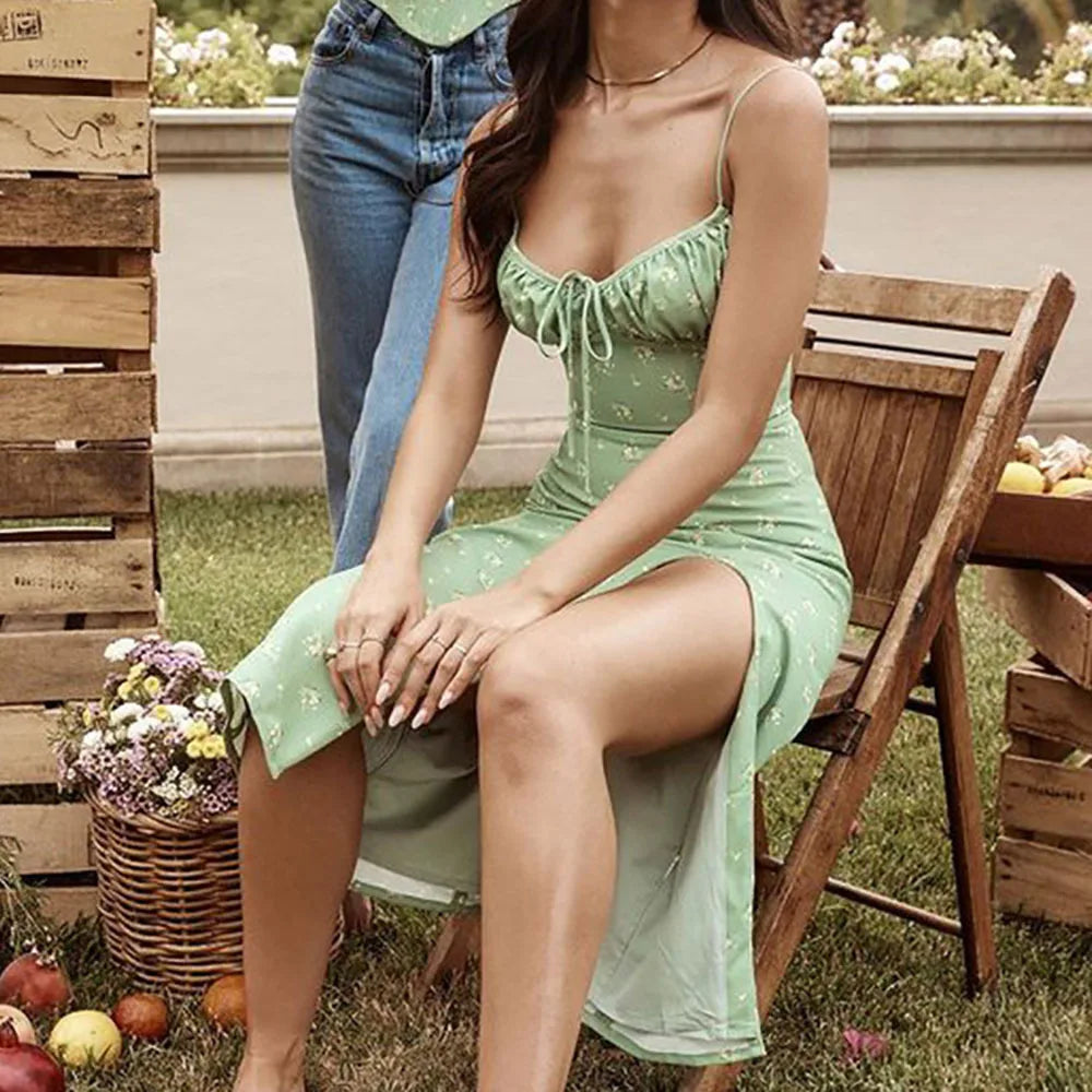 Elegantes Damen-Blumenkleid für Strandurlaub und Streetwear, Sexy Tief Ausgeschnittenes Strandparty-Kleid mit Schlitz, Schickes Bodycon-Kleid Ärmellos für Damen