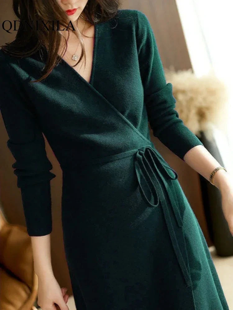 Herbst Winter Pullover Frauen Kleider V-ausschnitt Wrap Up Kleid für Frauen Frau Kleidung Koreanische Version Lose Elegante Gestrickte Rock
