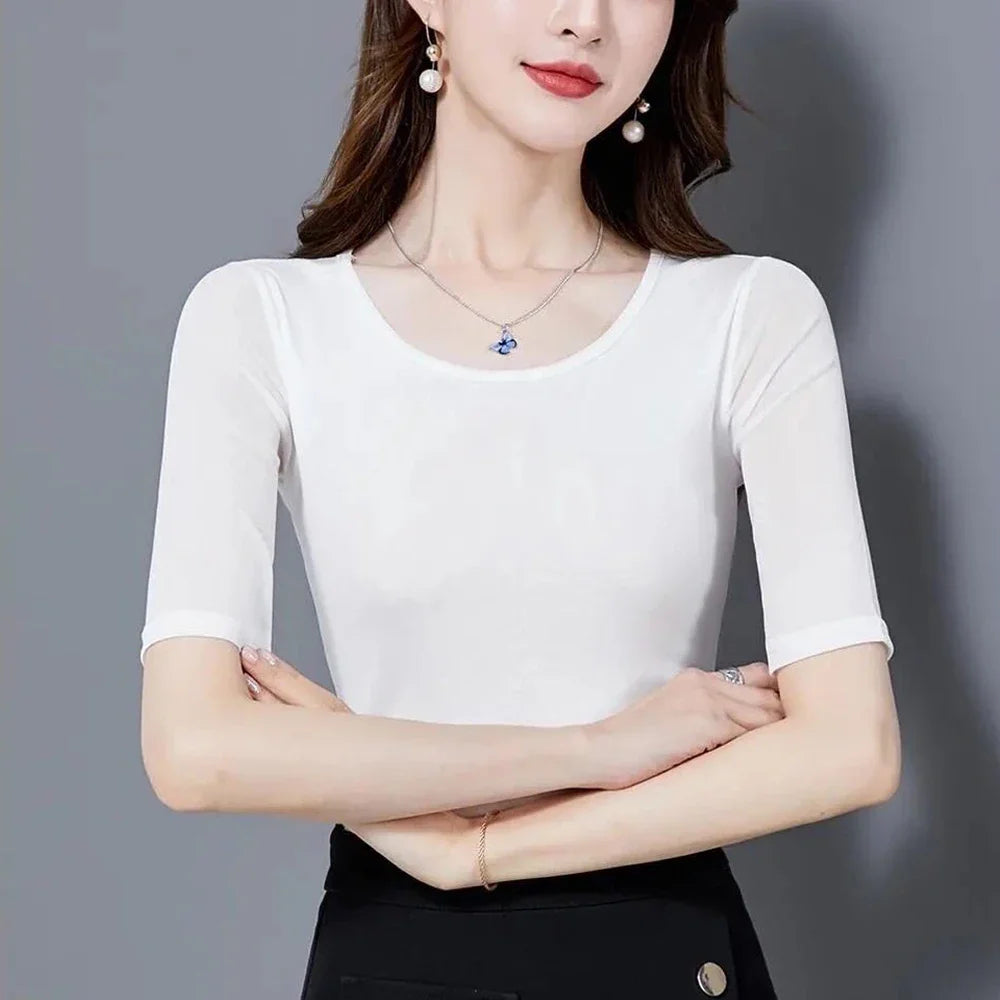S-3XL Purple Blue Red Green Shirt Women Transparent Mesh Short Sleeve O-neck Thin T shirt Half Sleeve O Neck Female Blouses Tops