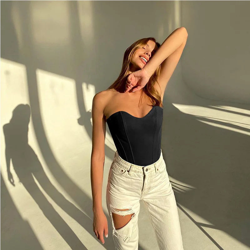 Sexy Frauen Rohr Tops Solide Ärmellose Dünne Dünne Korsett Gestellte Top 2024 Sommer Casual Elegante Weibliche Liebsten Weste