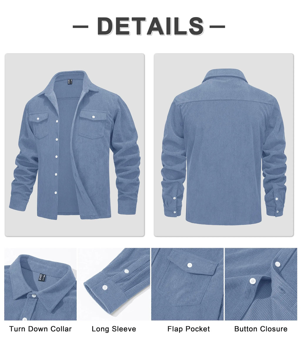 MAGCOMSEN Men's Corduroy Jacket Long Sleeve Casual Light Shirt with Chest Pocket Work Daily Jacket Spring and Autumn Coat