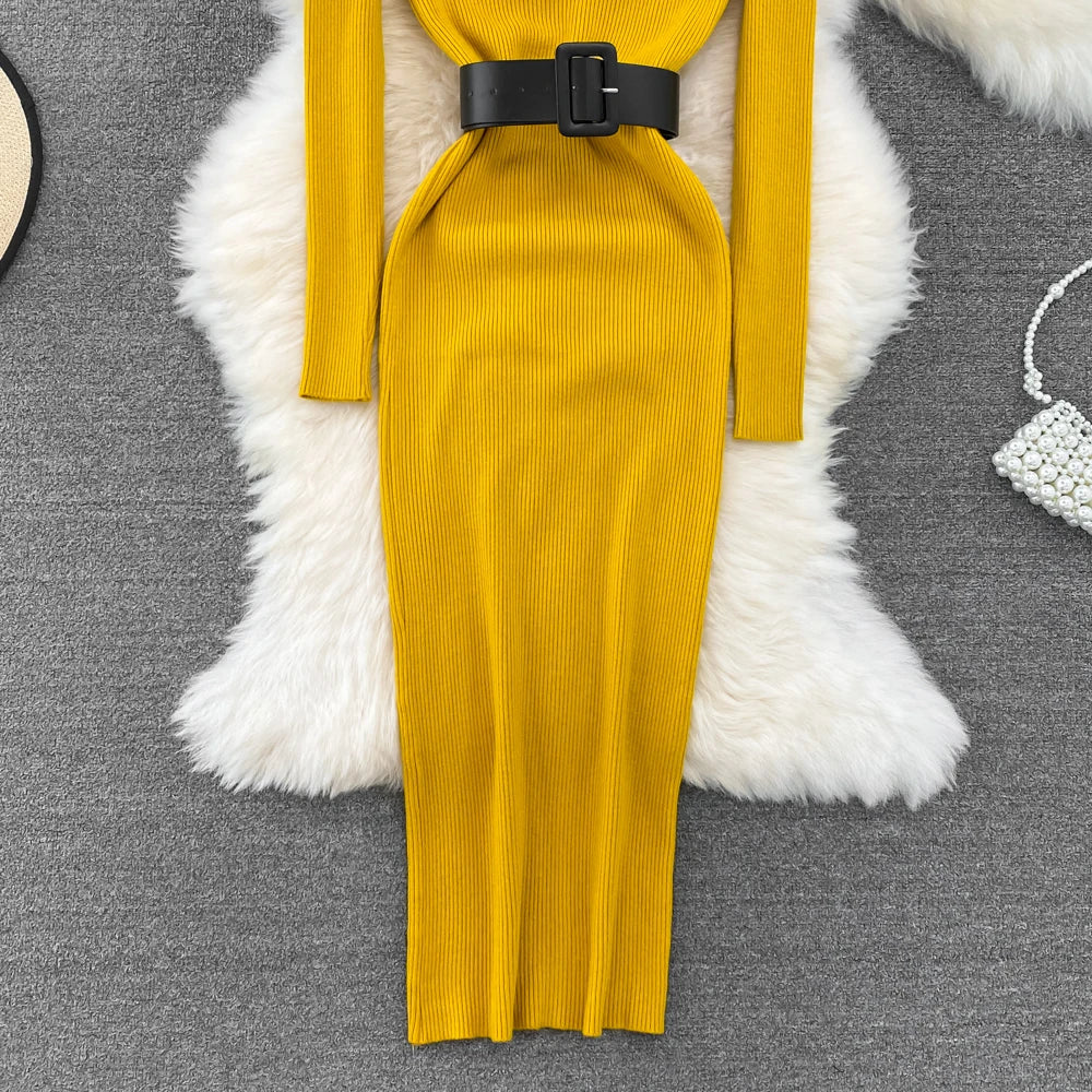 REALEFT Herbst Winter 2025, neue Rollkragen frauen Gestrickte Kleider mit Gürtel Langarm Elegante Bodycon Wrap Kleid Weibliche