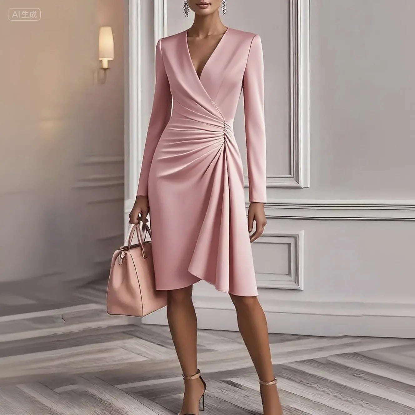 Herbst Neue Mode V-ausschnitt Falten Solide Langarm Kleid 2025, frauen Büro Pendler A-line Midi Party Kleider Weibliche kleidung