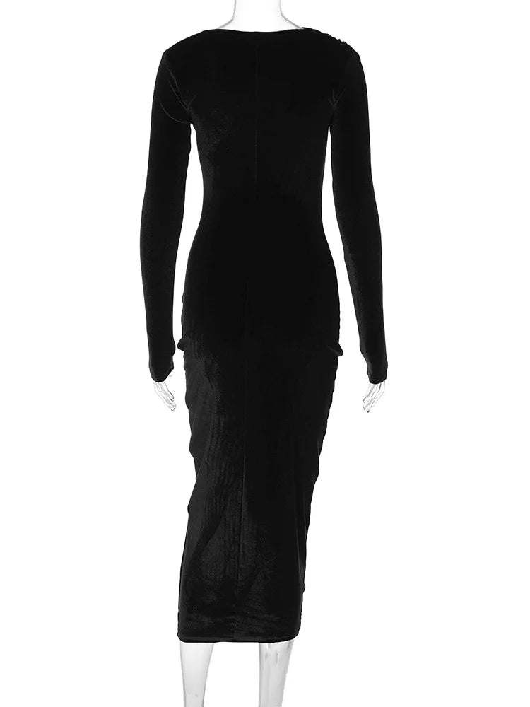 Dulzura 2024 Frühling Sommer Samt Langarm Midi Kleid Für Frauen Geraffte Lange Kleid Elegante Party Kleidung Abend Grün Outfits