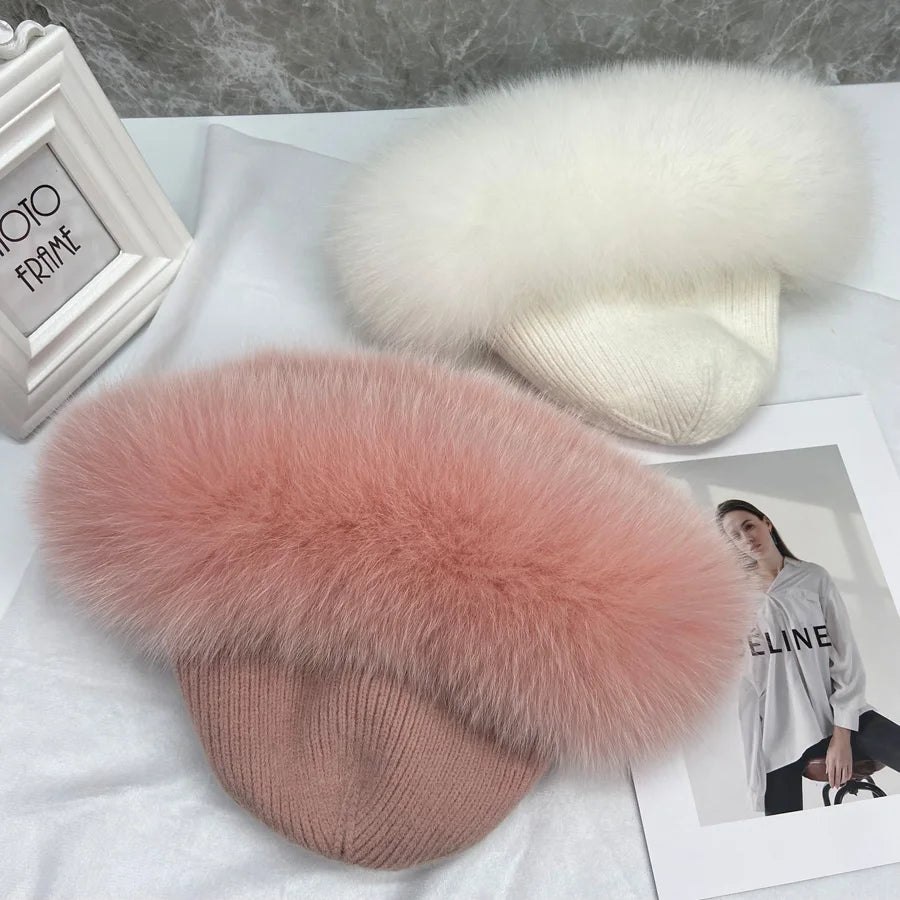 New Stylish Beanie Hats for Women Winter Warm Fluffy Bone Cap Soft Outdoor Thick Natural Fox Fur Hat Female Dome Hats