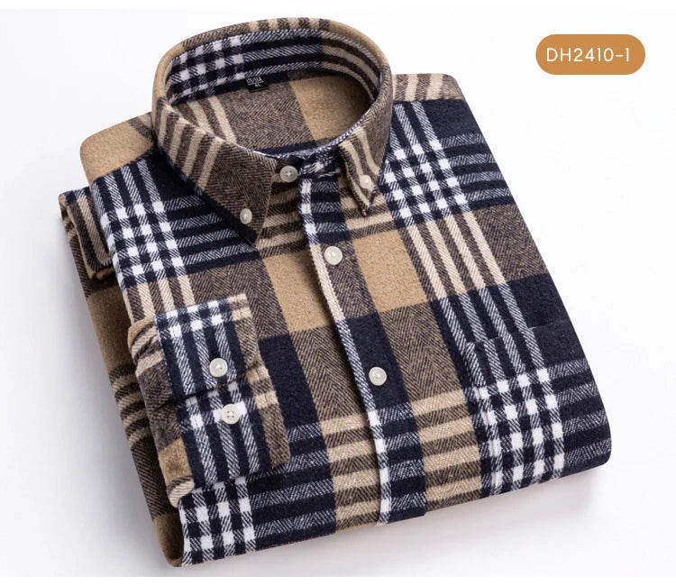 Langärmliges Flanell-Karohemd für Herren – weiche reine Baumwolle, Button-Down-Hemden, dick, Herbst und Winter – Wochenend-Casual, Ausgehen