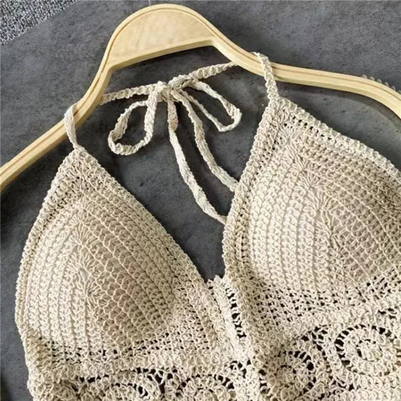 2024 sommer Sexy Strand Kurze Crop Top für Frauen Leichte Aushöhlen Häkeln Quasten Saum Halter Bhs Bustier mit Brust Pads
