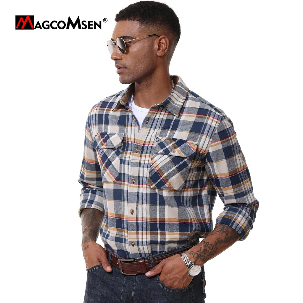 MAGCOMSEN Flanellhemden für Herren, langärmelig, Baumwolle, langärmelig, kariertes Hemd mit 2 Taschen, Knopfleiste, lässiges Cordhemd für Herren