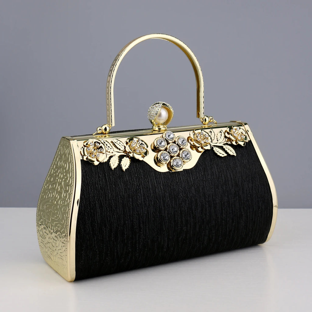 Luxuriöse goldene Abendtaschen, Damen-Eimer, kleine Clutch mit Diamanten, Handtaschen, Geldbörse mit Blumenmuster