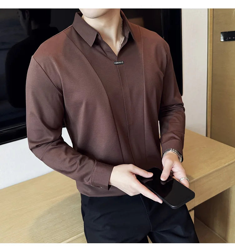 Men Long Sleeved Polo Shirt 2024 Autumn British Style Solid Casual Elastic Slim Fit T-shirt Formal Dress Polo Shirt Men Clothing