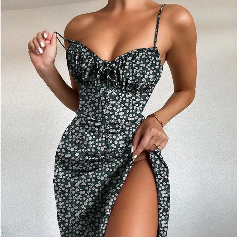 Elegantes Damen-Blumenkleid für Strandurlaub und Streetwear, Sexy Tief Ausgeschnittenes Strandparty-Kleid mit Schlitz, Schickes Bodycon-Kleid Ärmellos für Damen