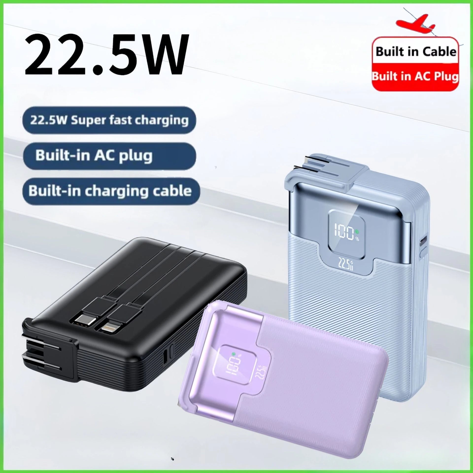 20000 mAh Superschnelllade-Powerbank 2-in-1 mit AC-Stecker, multifunktional mit Dual-Wire-Wandstecker, mobiles Netzteil