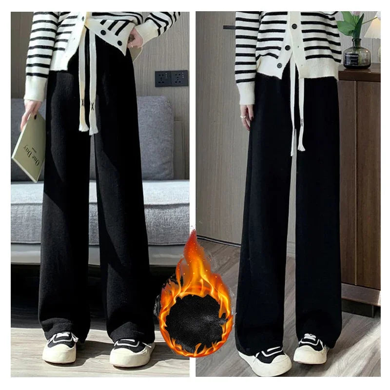 Winter Girls Snow Warm High Waisted Thermal Pants Women Fashion Straight Leg Plush Trousers Lady Thin Fleece Daily Pants