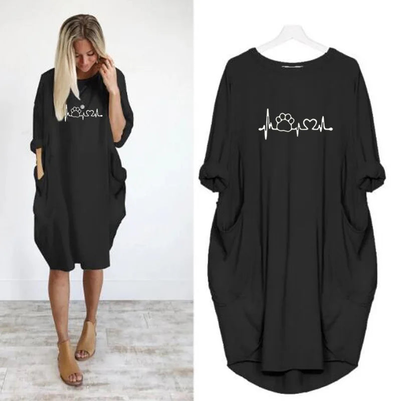 Frauen Lose Lange Ärmeln Sommer Plus Größe Kleid Herbst Winter Casual Rundhals Einfarbig Langarm Tasche Lose Pullove