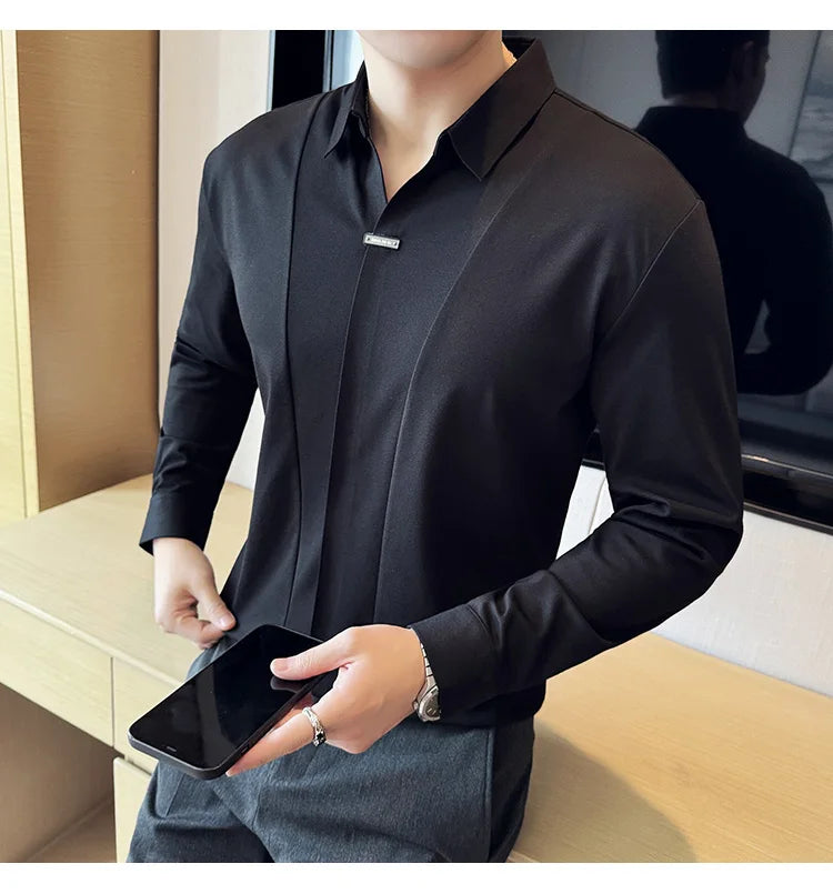 Herren-Poloshirt mit langen Ärmeln, 2026, Frühling, britischer Stil, einfarbig, elastisch, schmale Passform, T-Shirt, formelle Kleidung, Poloshirt, Herrenbekleidung