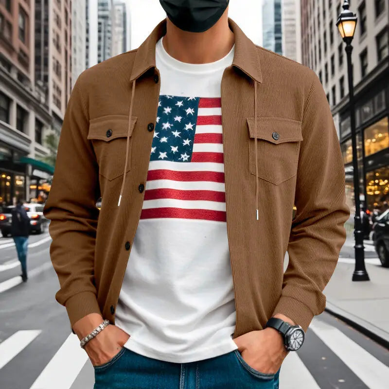 Amerikanische schwere Cord-Herrenjacke, einfache und vielseitige Langarmjacke mit Stehkragen und mehreren Taschen