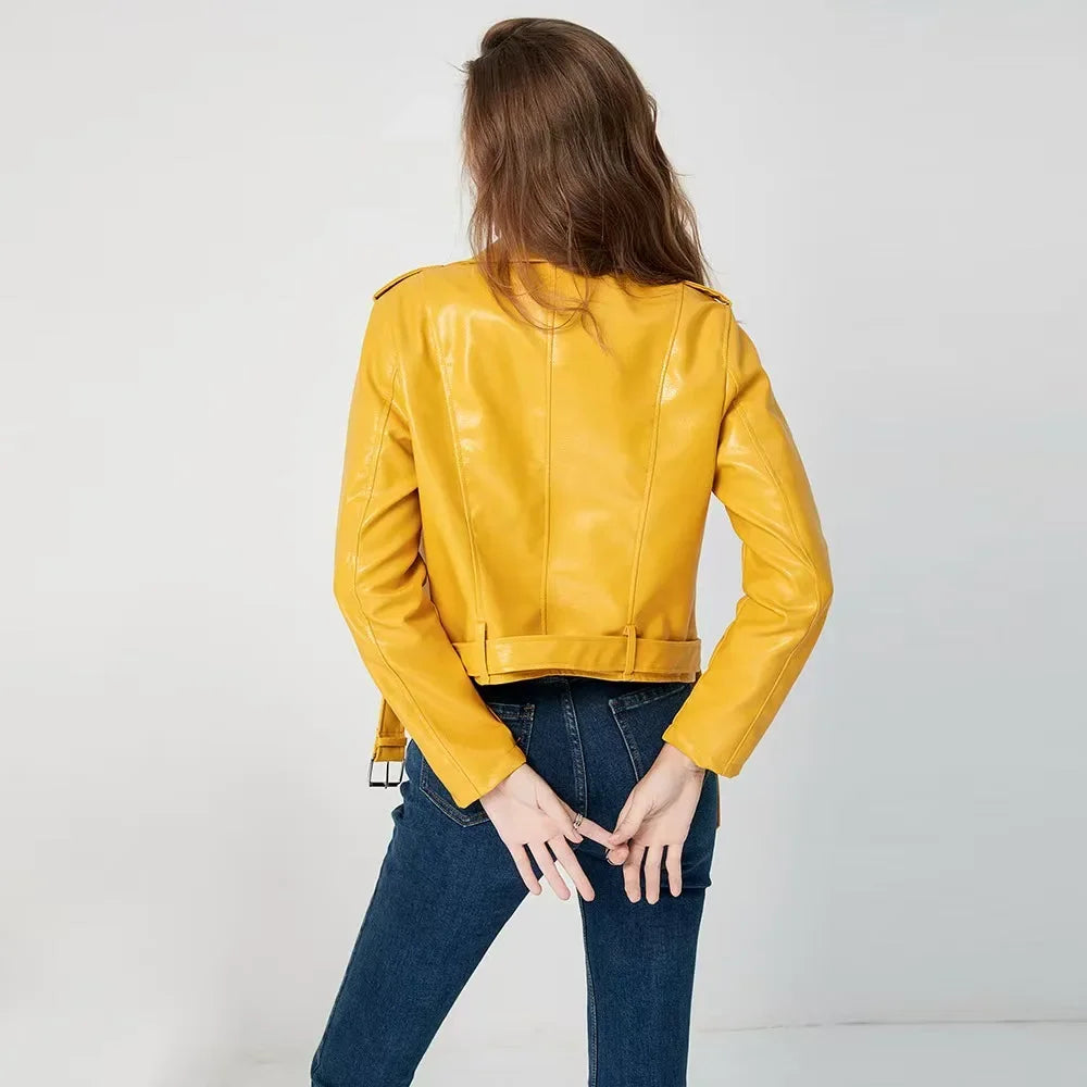 Damen-PU-Lederjacke, schmale Passform, Motorrad, gewaschener Reißverschluss, Oberteil, Herbst-Winter, modische Oberbekleidung, lässiger Stil, volle Ärmel