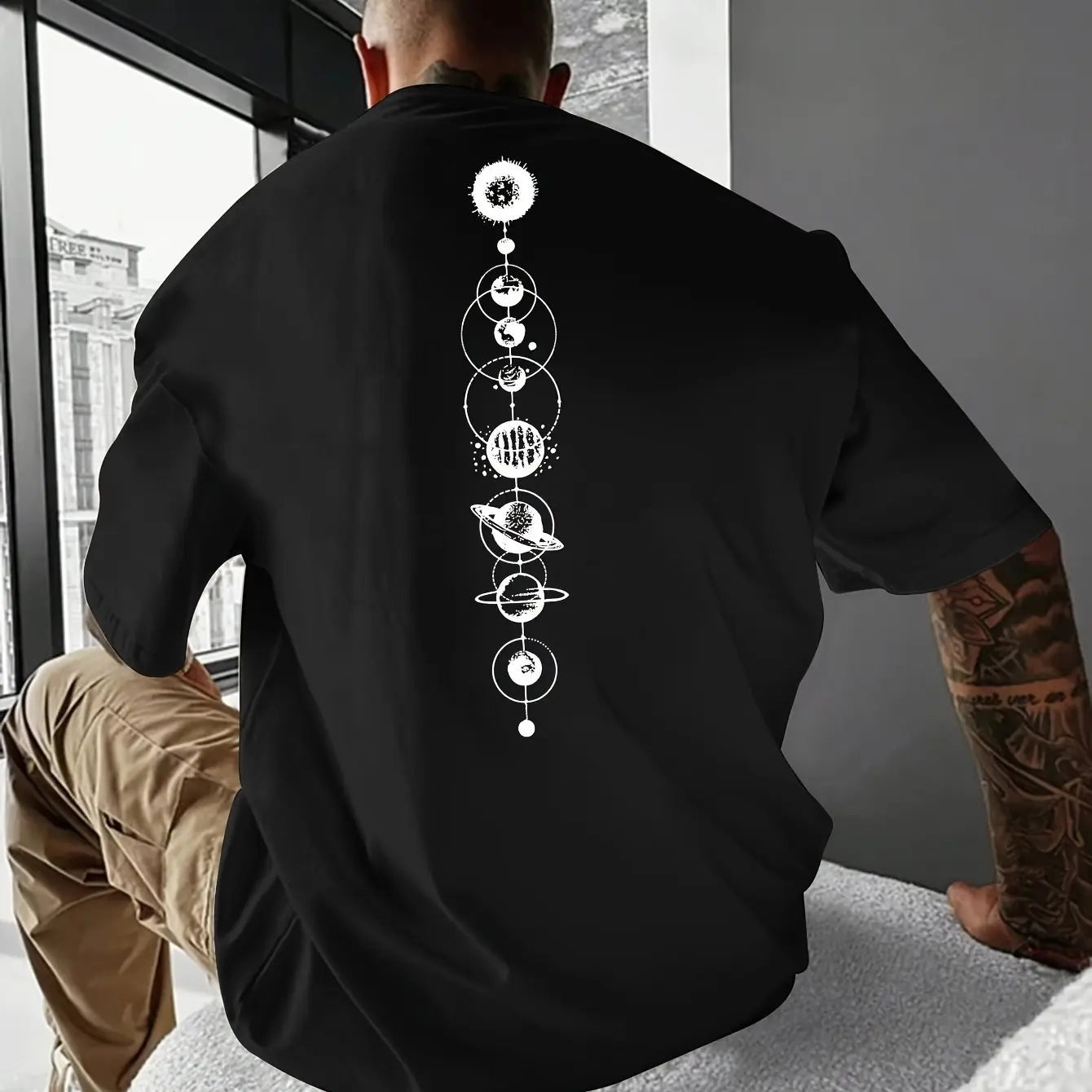 Herren-T-Shirt-Oberteil aus 100 % reiner Baumwolle, Sommer, lockere Größe, Planet-Grafikdruck, lässig, schmale Passform, Rundhalsausschnitt, kurzärmelig