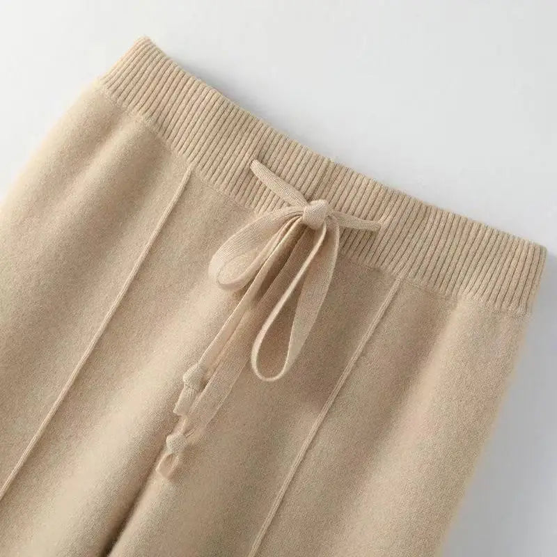 Women Merino Wool Knitted Wide Leg Pants Autumn Winter Basic Soft Warm Cashmere Knit Trousers Casual Simple Style Korean