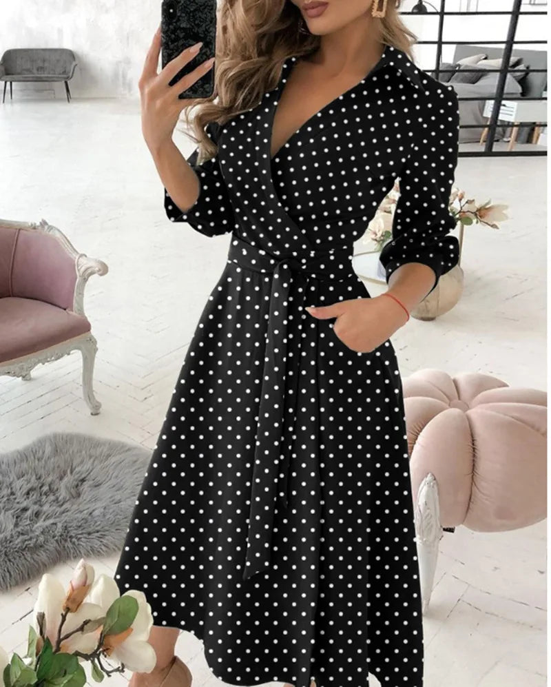 Herbst Neue Casual frauen Mode Lange ärmeln V-ausschnitt Gedruckt Muster Mid-länge Elegante Gedruckt frauen Kleid