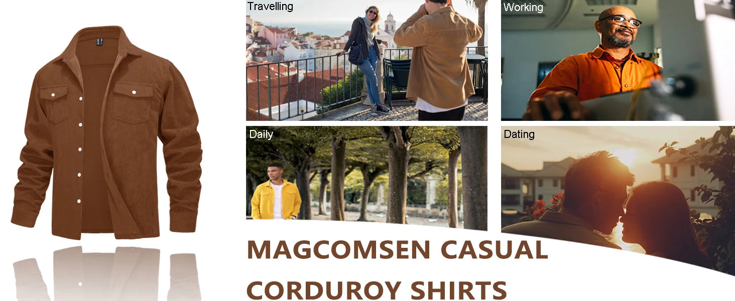 MAGCOMSEN Men's Corduroy Jacket Long Sleeve Casual Light Shirt with Chest Pocket Work Daily Jacket Spring and Autumn Coat