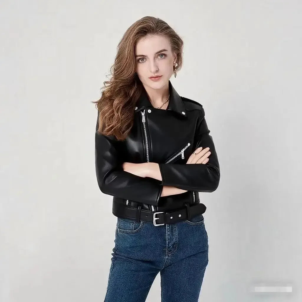 Damen-PU-Lederjacke, schmale Passform, Motorrad, gewaschener Reißverschluss, Oberteil, Herbst-Winter, modische Oberbekleidung, lässiger Stil, volle Ärmel