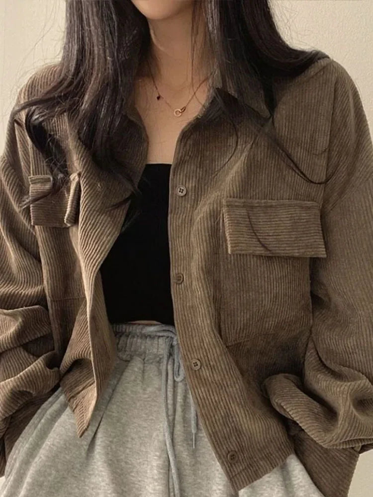 Frauen Vintage Cord Abgeschnitten Jacke Koreanische Mode Langarm Kordelzug Blusen Weibliche Lose Einreiher Mäntel Strickjacke