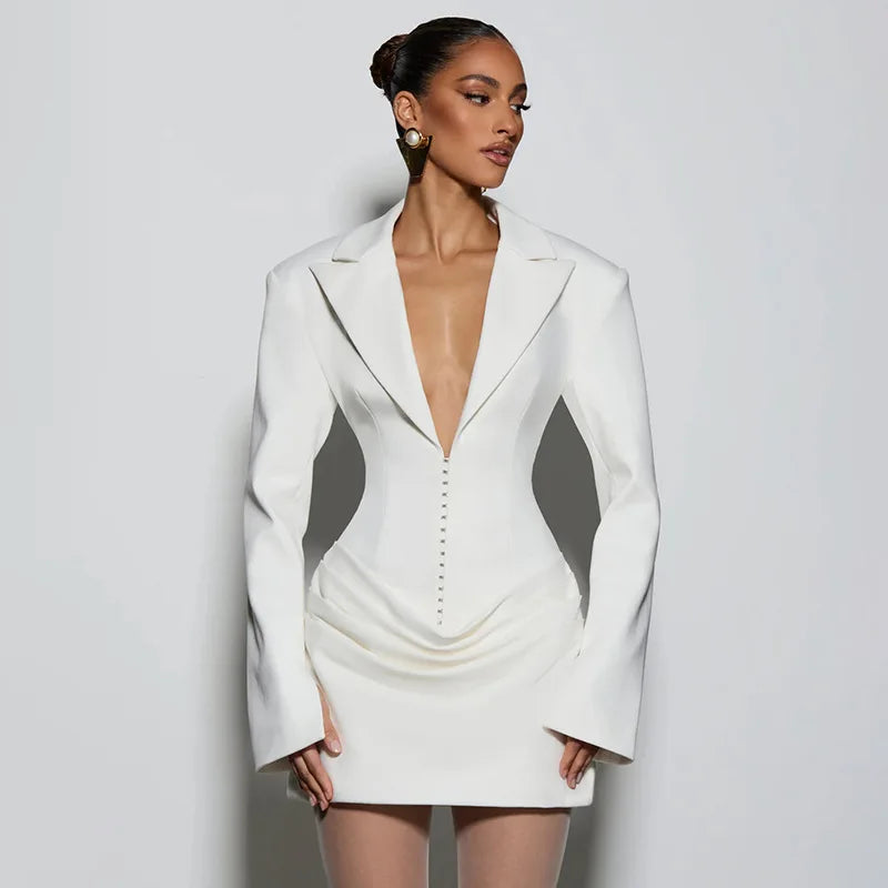 2023 neue Herbst Winter Mini Kleider Mode Frauen Langarm Tiefem V-ausschnitt Sexy Geraffte Bodycon Abend Party Club Blazer Vestidos
