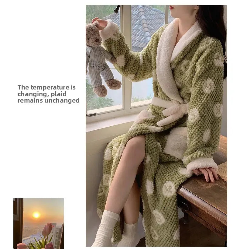 Verdickte Korallen Fleece Robe frauen V-ausschnitt Gürtel Langarm Mid-länge Süße Stil Warme Hause Kleidung Winter Saison