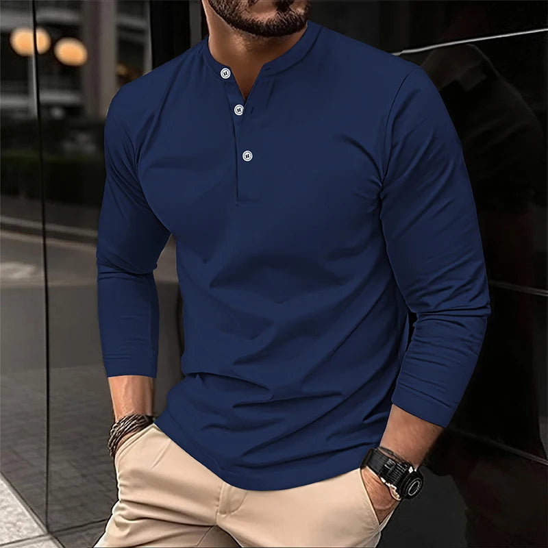 2025 männer Sommer Langarm Henry Polo Casual Atmungsaktiv Komfortable Polo-Shirt Solide Hohe Qualität Männliche T-Shirt Dropshipping