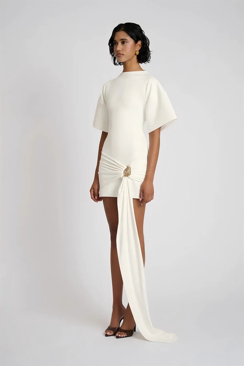 Apprabant Women Buckle Ruched Ribbon Mini Dress O-Neck Metal Short Sleeve Solid Color Silm Bodycon Short Dress Casual Partywear