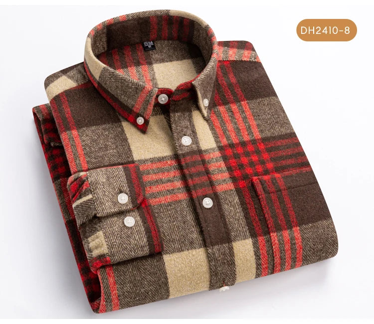 Langärmliges Flanell-Karohemd für Herren – weiche reine Baumwolle, Button-Down-Hemden, dick, Herbst und Winter – Wochenend-Casual, Ausgehen