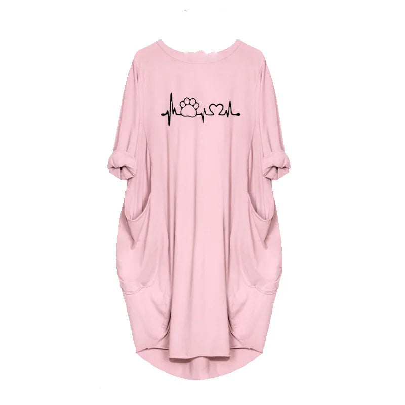 Frauen Lose Lange Ärmeln Sommer Plus Größe Kleid Herbst Winter Casual Rundhals Einfarbig Langarm Tasche Lose Pullove