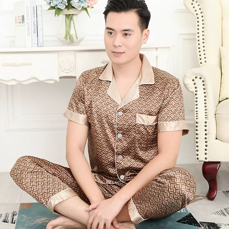 Hohe Qualität Pyjamas Set Männer Frühling Herbst Dünne Polyester Eis Seide Lange ärmeln Nachtwäsche Plus Größe Sommer Hause Kleidung männlichen